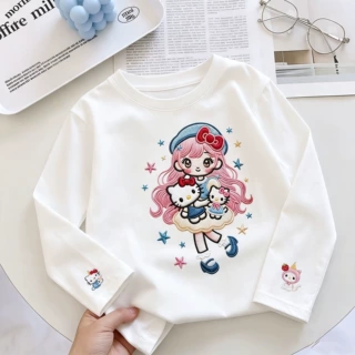 女童白色仿刺绣长袖打底衫小女孩T恤卡通印花中大童衣服工厂货源