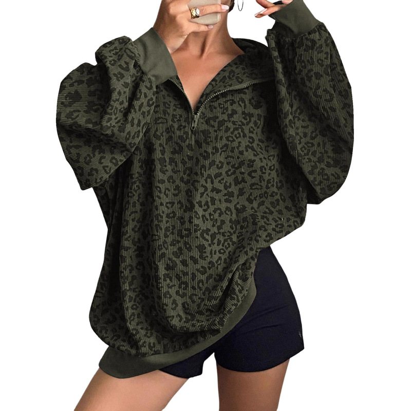 Cross-Border Amazon Independent Site European and American Popular Women's Casual Leopard Print Corduroy Zipper Poio Sweatshirt