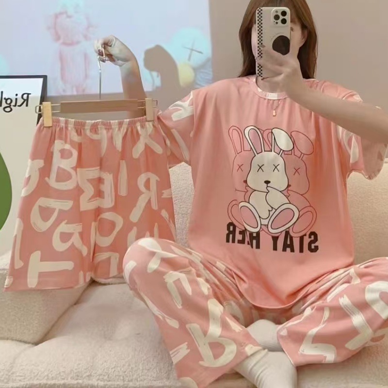 Pijamas de verano transfronterizos pijamas de leche de seda de tres piezas set de dibujos animados comercio exterior ropa para el hogar pantalones de mangas cortas lindos