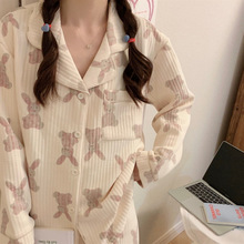 韩国ins女士外贸睡衣女秋冬长袖夹棉加厚空气棉家居服套装可外穿