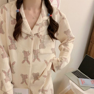 韩国ins女士外贸睡衣女秋冬长袖夹棉加厚空气棉家居服套装可外穿