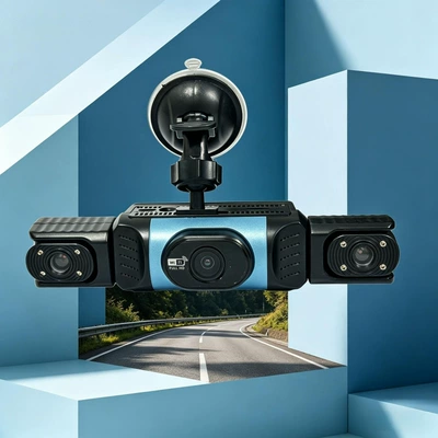 Three-channel car dashcam with WiFi, mobile phone playback, infrared night vision, parking monitoring, and panoramic recording