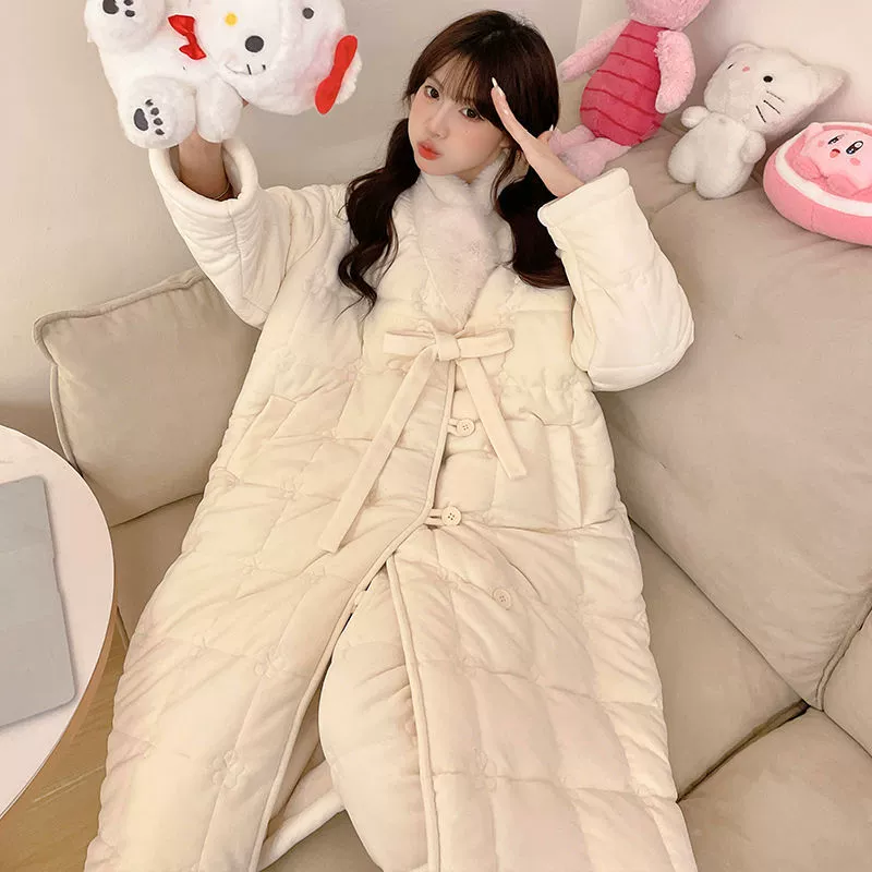 Осенние и зимние пижамы женские трехслойные хлопчатобумажные коралловые бархатные халаты утолщенные бархатные фланелевые теплые домашние костюмы