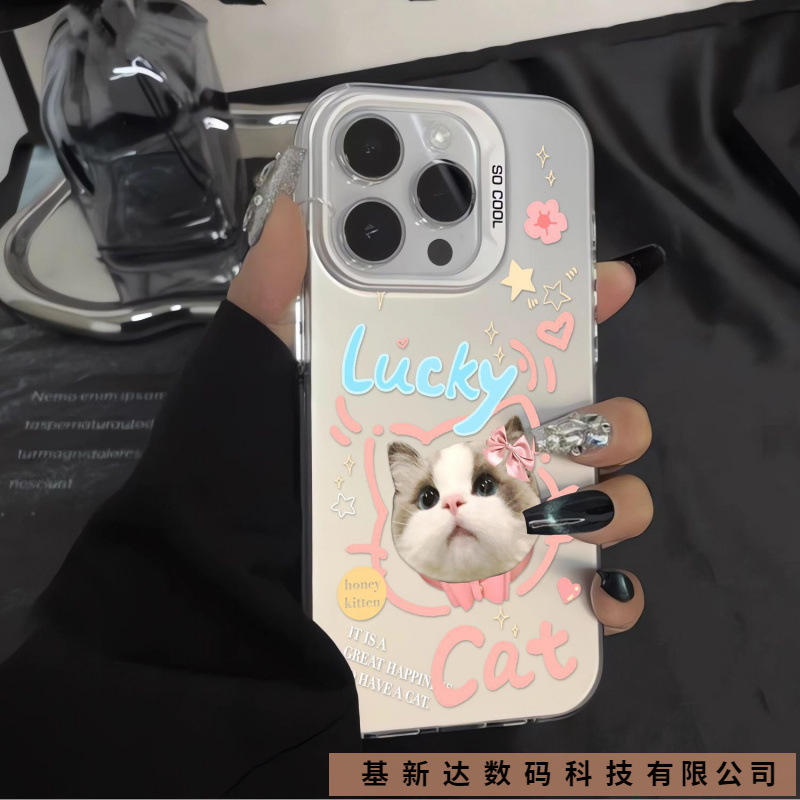 Suitable for Apple 15/14 New Internet Celebrity Cartoon Kitten Anti-Fall Color Silver Mobile Phone Case Waterproof, Ultra-Thin and Lightweight