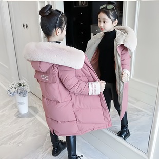 Girls' Mid-Length Cotton Coat for Foreign Trade, 2025 New Model, Warm Cotton-Padded Jacket for Older Children, Korean Style with Large Fur Collar, Thickened Cotton for Children