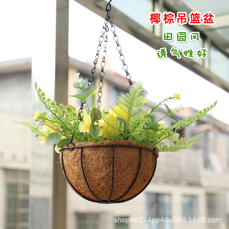 Coconut Brown Chandelia Flower Pot Environmentally Friendly Breathable Household Hanging Basket Hanging Pot Pastoral Style Iron Hanging Pot
