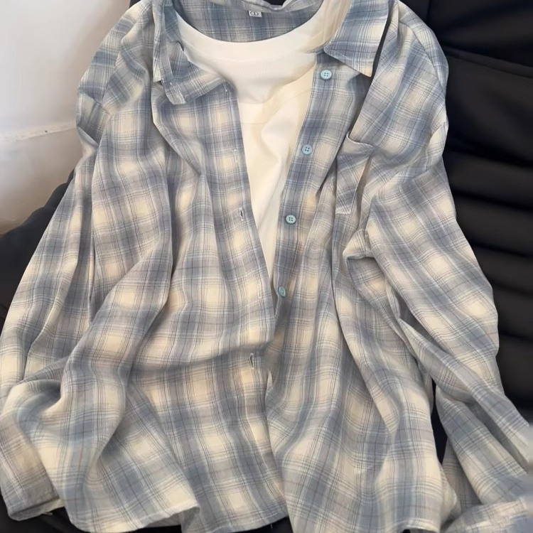 Korean Style Relaxed Plaid Shirt for Women Spring and Summer New Loose Lazy Style Long-Sleeved Shirt Jacket Casual Sun Protection
