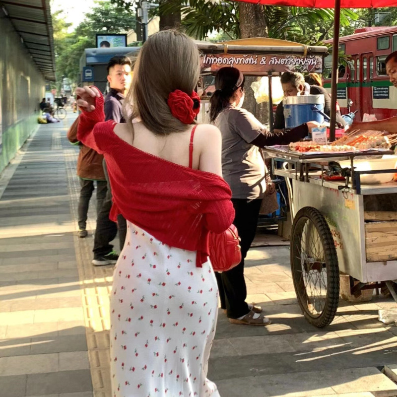 夏日温柔气质碎花设计感连衣裙女装显瘦吊带裙针织长袖开衫两件套|undefined