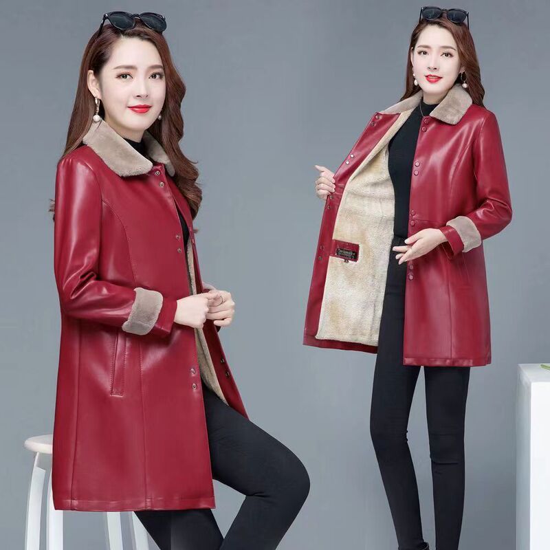 Mid-length Women's Leather Plus Velvet Thickened New Winter Coat PU Leather Mother's Korean Fashion Large Size Women's Clothing Mid-length Women's Leather Plus Velvet Thickened New Winter Coat PU Leather Mother's Korean Fashion Large Size Women's Clothing