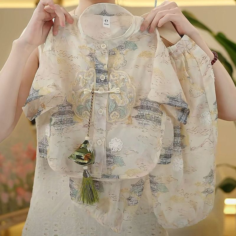 男の子中国風漢服スーツ薄い子供服新しい夏の子供ベビー刺繍ボタンシャツ唐スーツ|undefined