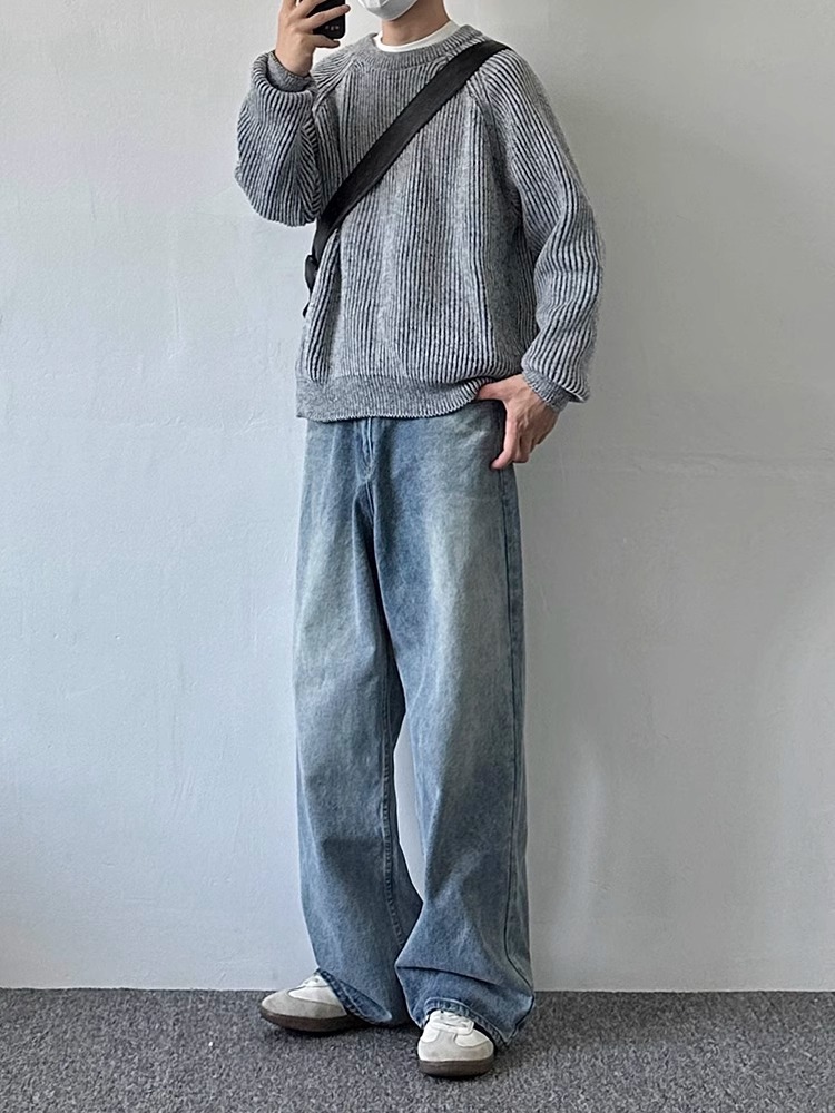 솔리드 컬러 베이스 라운드 넥 수직 패턴 스웨터 남자의 2024 봄과 가을 새로운 느슨한 유행 캐주얼 풀오버 니트 탑