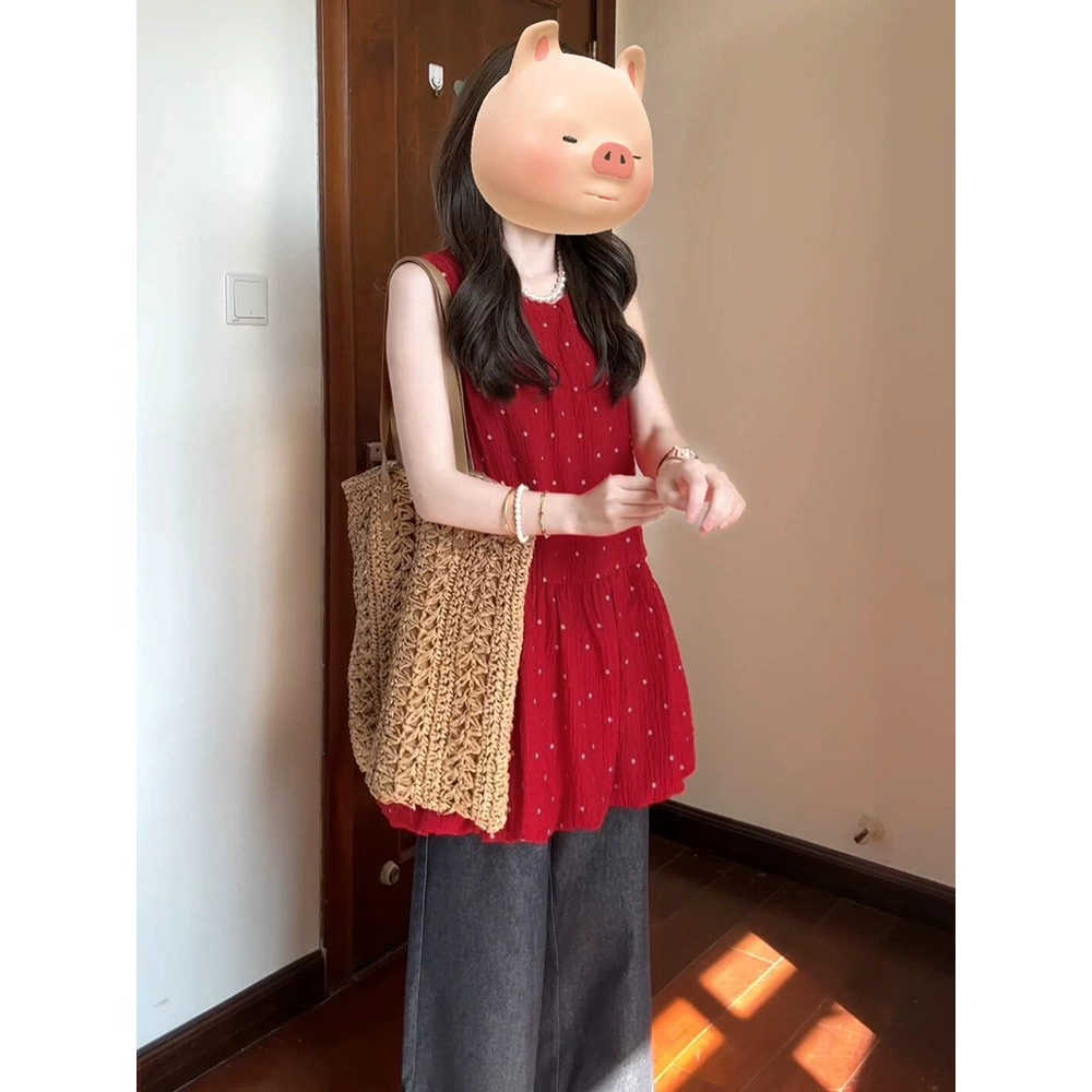 Женское летнее платье в ретро-французском стиле с красными горошками, новинка 2025 года, миниатюрный жилет без рукавов, юбка с цветочным принтом