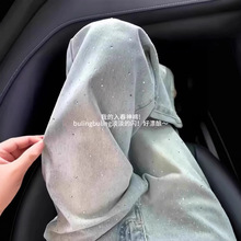 早春闪亮烫钻重工直筒牛仔裤女高腰宽松显瘦窄版拖地垂感阔腿裤子