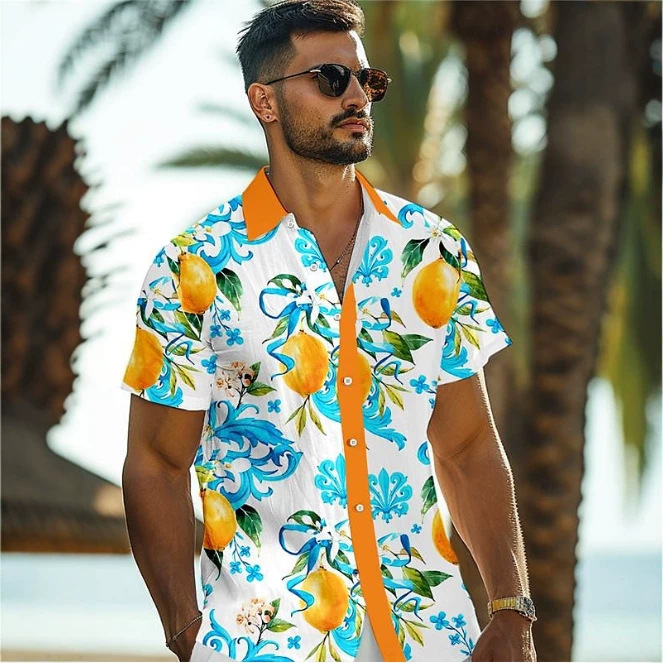 Summer Sicilian Lemon Print Short Sleeve Shirt for Men, Color-Block Collar, Beach Vacation Casual Cardigan Men's Shirt