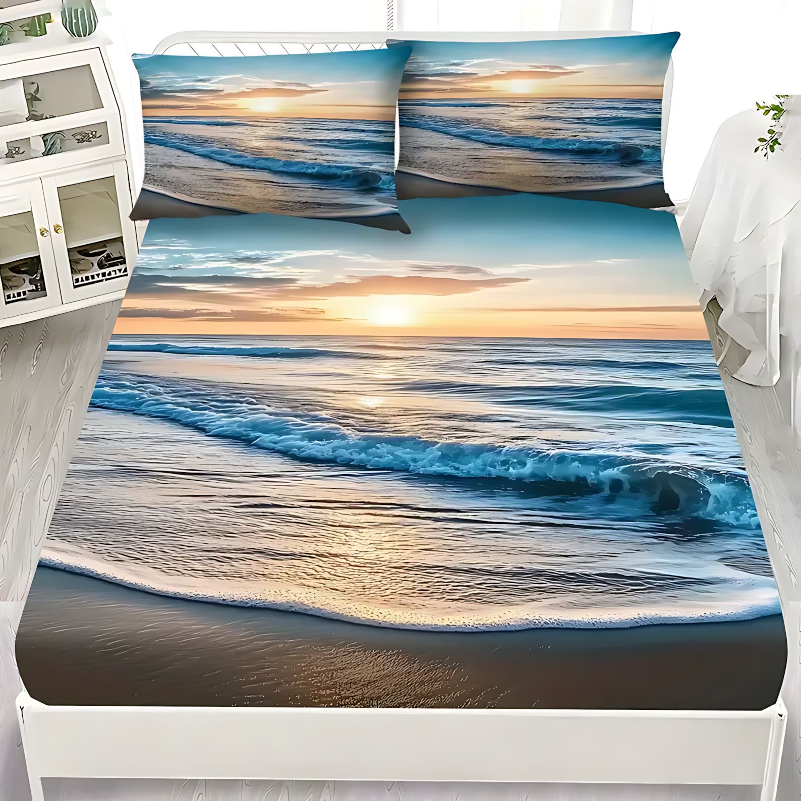 TEMU / JIT Visita a casa transfronteriza vista al mar temática molido HD impresión digital cama almohada cubierta Kit de cama