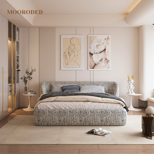 Ancient Chinese style fabric bed, minimalist light French Jiuji aesthetic master bedroom double bed hugging high-end designer cotton linen bed