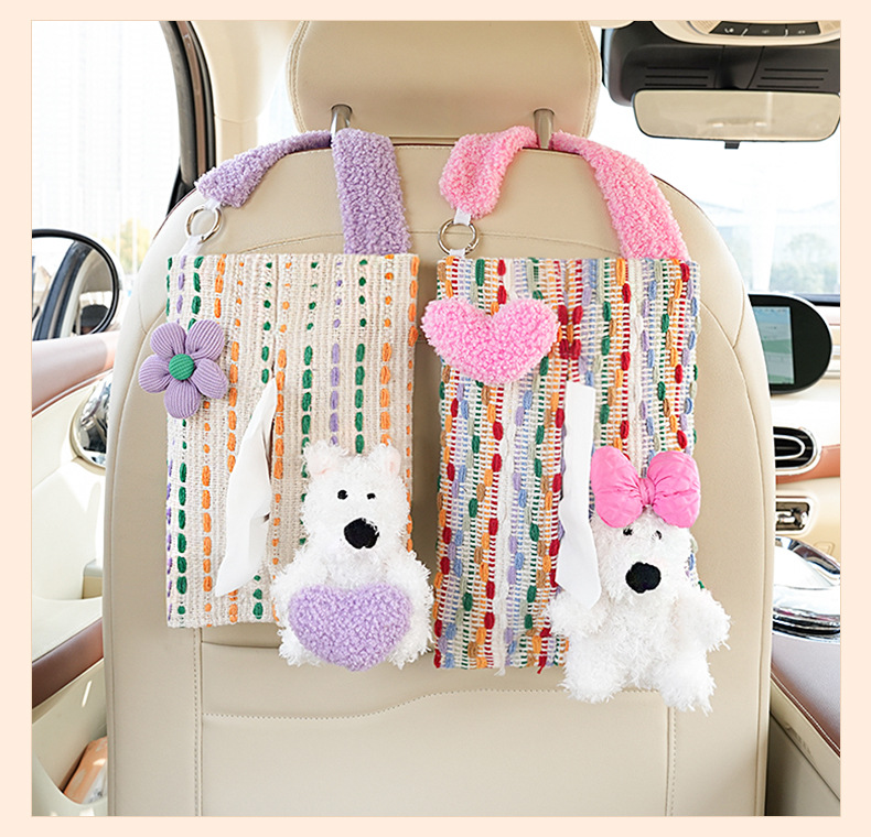 Car Tissue Box Internet Celebrity Dopamine Car Tissue Bag Cartoon Cute Puppy Car Seat Back Hanging Tissue Box