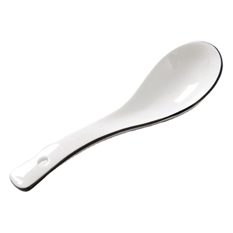 Cucharas de cerámica al por mayor, blancas puras con bordes negros, cucharas para sopa, cucharas para arroz, cucharas de mango largo con forma de cisne, vajilla diaria, utensilios de mesa estilo occidental.