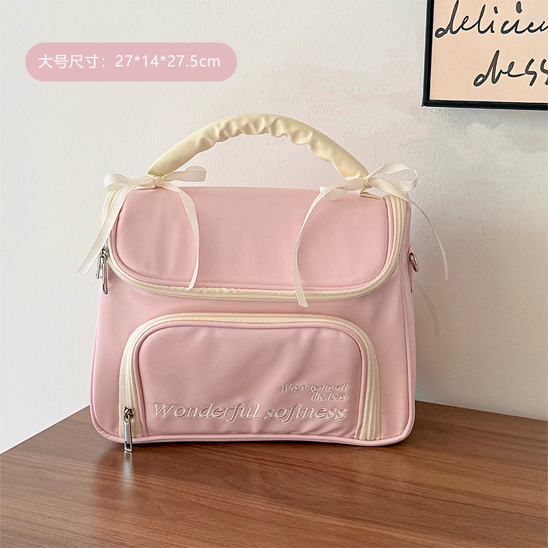 Bolsa de maquillaje de arco de corazón de niña portátil, bolsa de almacenamiento portátil, bolsa de lavado impermeable de gran capacidad