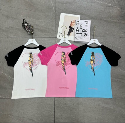 American Retro Style Thorn Heart Print Color-Blocked Raglan Short-Sleeve T-Shirt for Women, Spicy Girl Style Slim-Fit Cropped Top