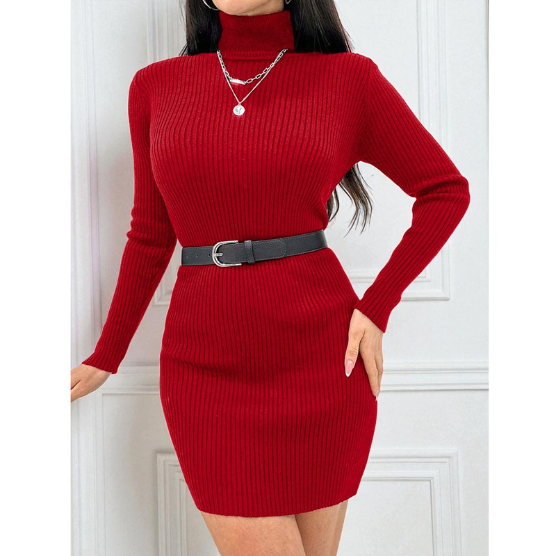 2025 New Autumn and Winter Women's European and American Long-Sleeved Dresses with Short Skirts and High-Neck Knitted Hip Skirts in Stock