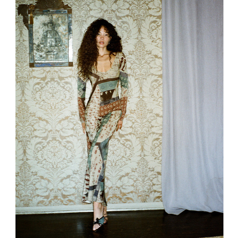 French retro ~ skirt summer high-end bias silk printing U-collar holiday style slim slim long dress