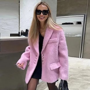 Fashionable Loose Lapel Wool Plush Outwear for Women 2025 Spring & Fall Cross-Border Single-Breasted Long-Sleeved Elegant Outwear