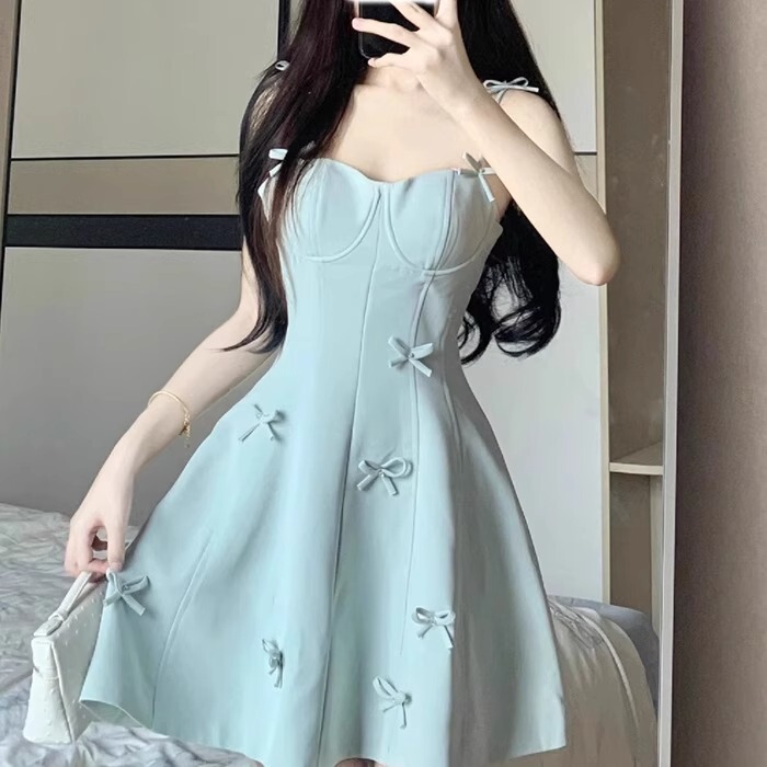 French Niche Design Pure Desire Mid-Length Suspender Dress for Women, Beautiful Multi-Wear Slim Bow Short Skirt