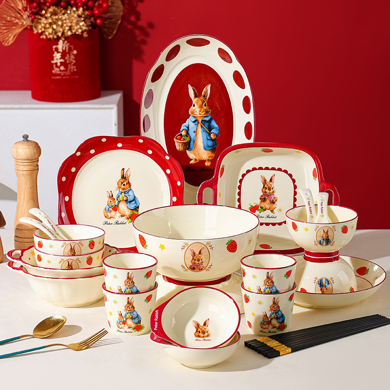 French-Style Retro Cartoon Strawberry Rabbit Ceramic Tableware Set for Home Use: Rice Bowl, Soup Bowl, Double-Handle Fish Plate, Noodle Bowl, Bowl and Plate Set