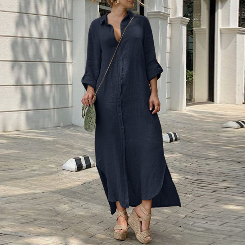 Damen Langarm Kleid Aus Leinen Und Baumwolle Mit Knopfleiste_voghion.com