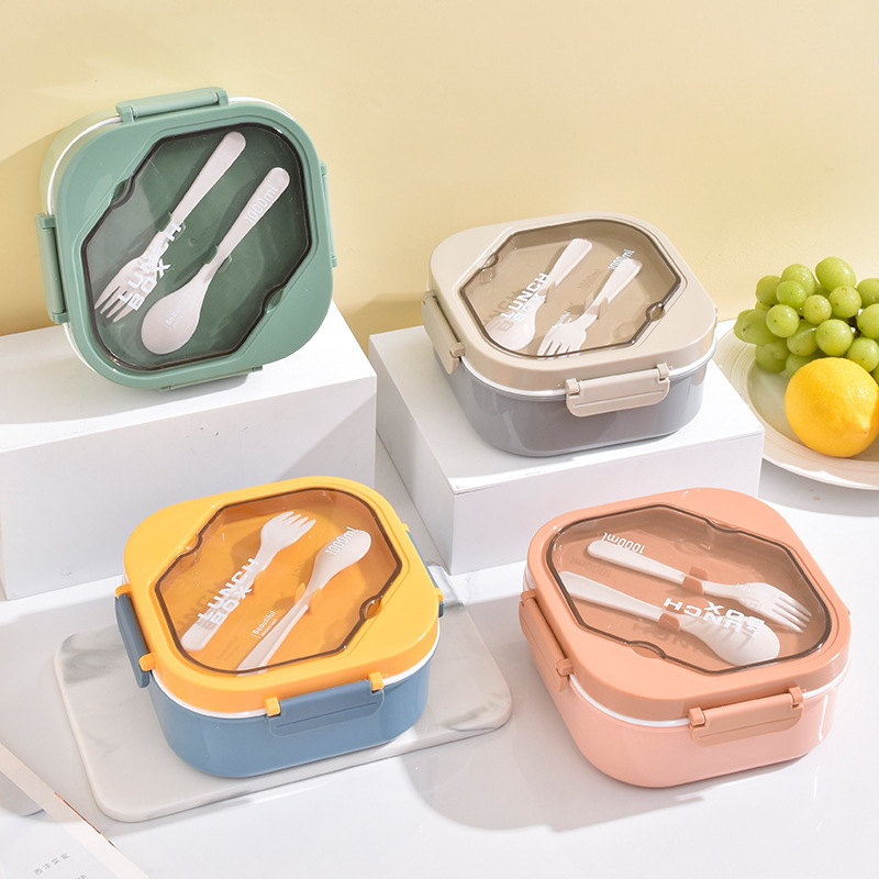 Lonchera de plástico de doble capa y tres compartimentos, muy vendida al por mayor, para estudiantes y trabajadores de oficina, lonchera cuadrada portátil de PP, lonchera para el hogar.
