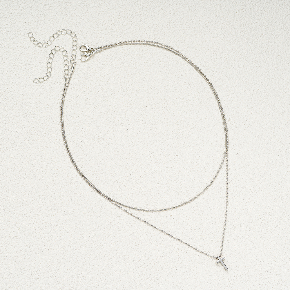 Cross Pendant Layered Necklace With Snake Bone Chain Style_voghion.com