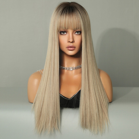 Explosiones transfronterizas pelucas Europeas y estadounidenses alargadas pelo largo recto color gradiente completo conjunto de cabello completo COS pelucas fabricantes al por mayor