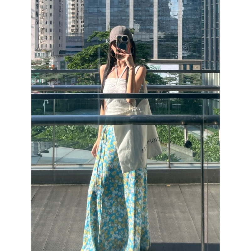 海边度假风套装法式抽绳抹胸背心上衣女夏季蓝色碎花半身裙两件套|undefined