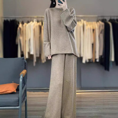 秋冬新作カシミヤニットセット女性用厚手タートルネックセーターゆったりワイドレッグパンツおしゃれウールツーピースセット