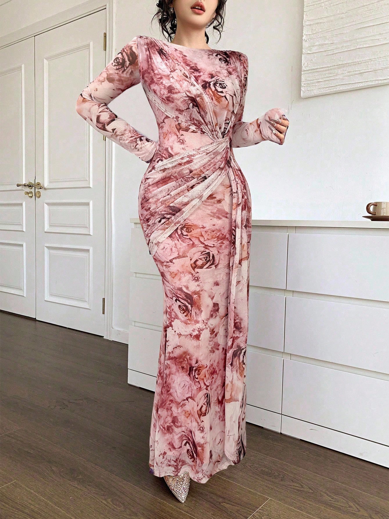 Summer Women's U Neck Long Sleeve Patchwork Slim Fit Printed Maxi Dress_ecoleips.com