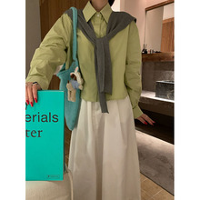 纯色针织披肩翻领短款长袖衬衫女 春季新款韩版小众衬衣两件套