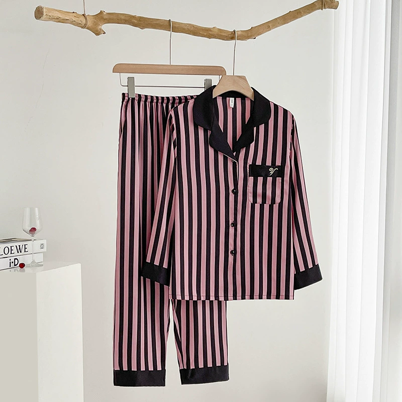 Пижама из ледяного шелка женская весна и осень тонкие брюки с длинными рукавами продвинутый смысл в полоску сладкая свободная симуляция шелковая домашняя одежда