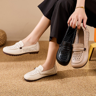 Summer New Style Cowhide Casual Shallow Mouth Middle-Aged and Elderly Hollow Mother's Shoes Soft Surface Tendon Non-Slip Outsole Fashionable and Comfortable