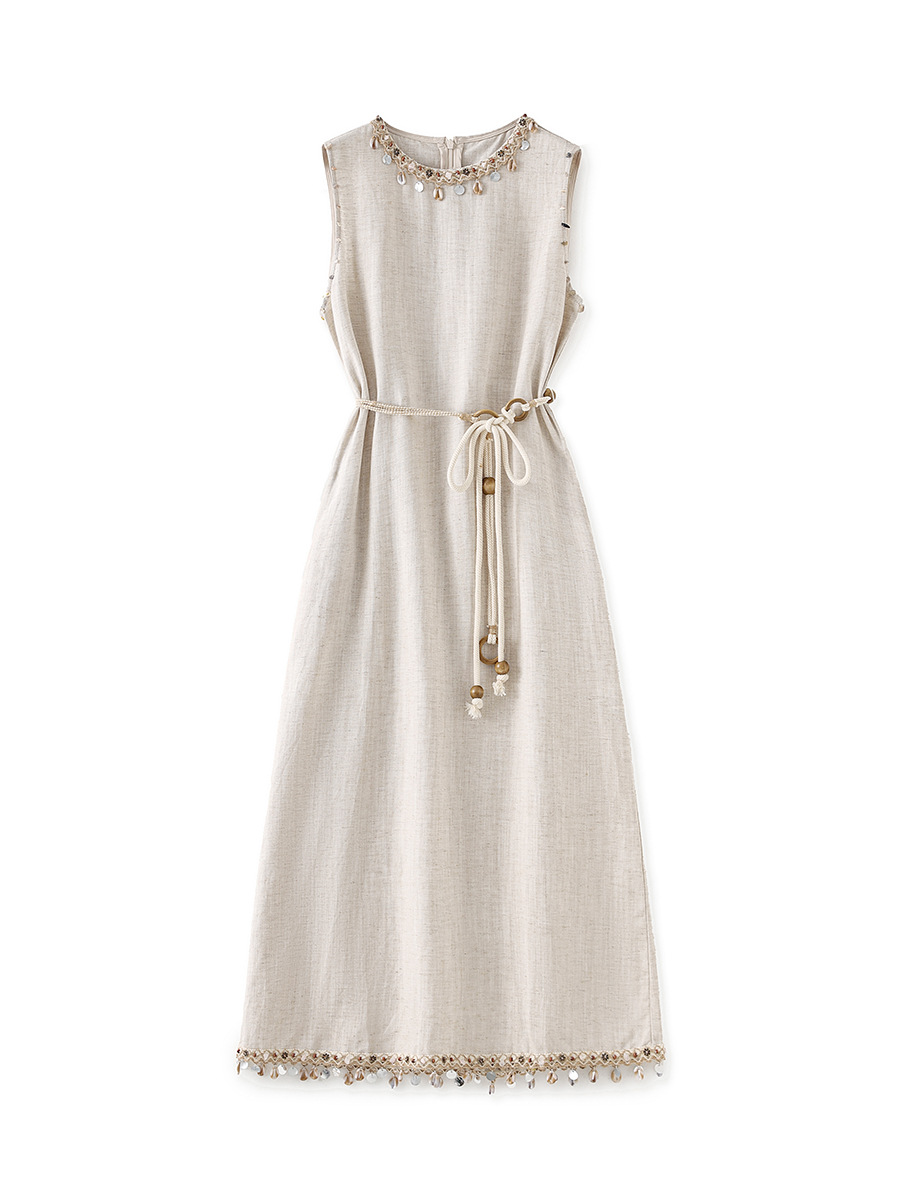 Đầm maxi nữ không tay phong cách Bohemian chất liệu linen tencel phối tua rua — Màu kaki