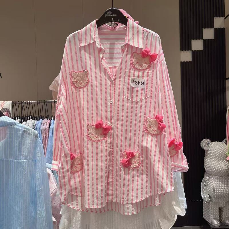 Summer Outing New Heavy-Duty Flocking Embroider Kt Cat Long-Sleeved Shirt Women's Casual Large Stripesd Sun Protection Top Summer Outing New Heavy-Duty Flocking Embroider Kt Cat Long-Sleeved Shirt Women's Casual Large Stripesd Sun Protection Top