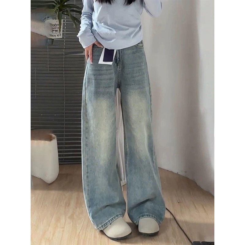 女性のためのウォッシュブルーワイドレッグジーンズ夏の新しいスタイルの洋ナシ型ボディルーズスリミングカジュアルストレートレングスフロアレングスパンツ|undefined