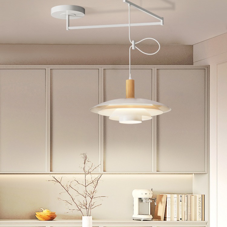 可移位餐廳吊燈 日式原木搖臂餐桌吧檯燈奶油風北歐丹麥ph5飛碟燈