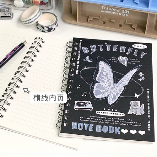 Black and white simple ins crystal glazed texture coil student A5 universal horizontal line notebook retro notepad