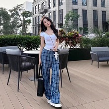 2025春夏新款女士蓝白格纹双腰运动休闲长裤百搭拖地阔腿裤直筒裤