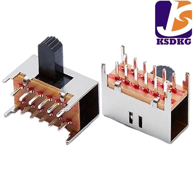供应卧式12脚插件 4P2T带固定脚2档拨动开关 直柄波段滑动开关