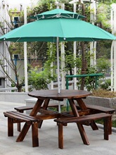 户外阳台庭院桌椅花园木制家具一体凳桌碳化实木田园圆形连体桌凳