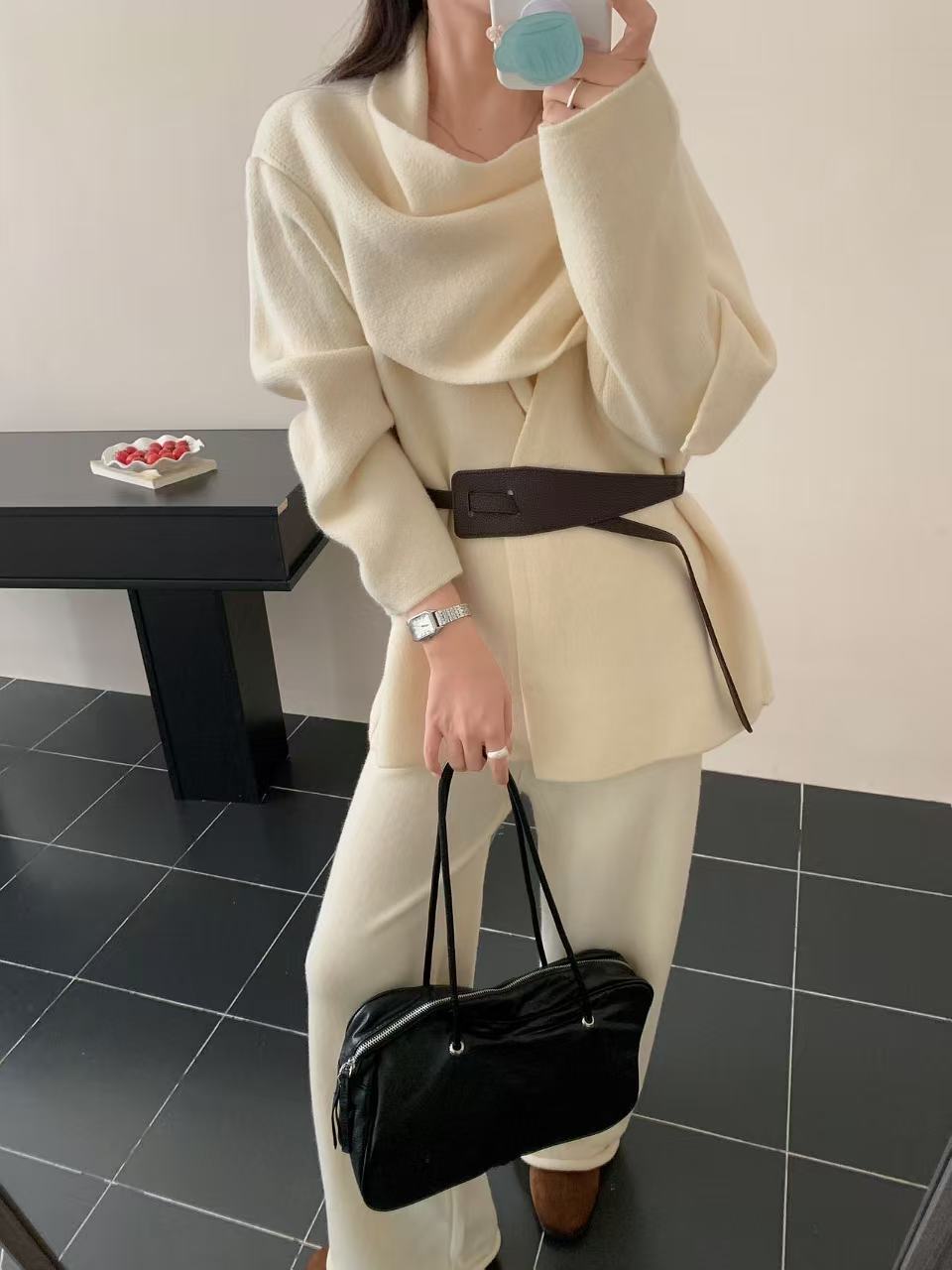 Korean-style high-end elegant knitted cardigan with scarf collar and irregular hem + high-waisted wide-leg pants two-piece set