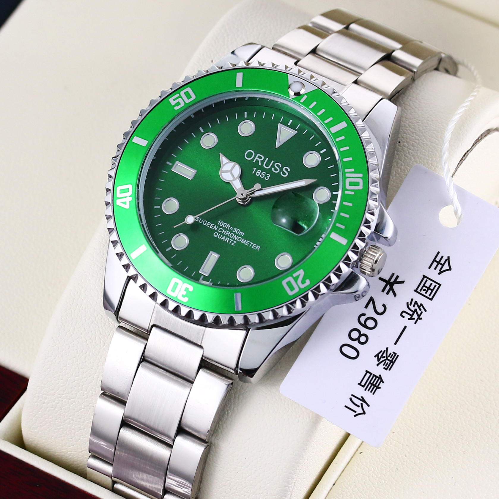 Venta al por mayor de productos genuinos reloj verde reloj de movimiento de los hombres automático impermeable cinturón de acero refinado reloj de los hombres reloj de cuarzo dominante luminoso