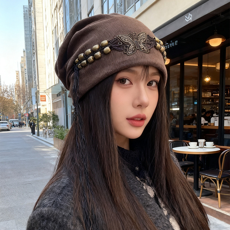 秋冬新款扎染流苏帽子女复古包头冷帽大头围显脸小网红蝴蝶堆堆帽|undefined